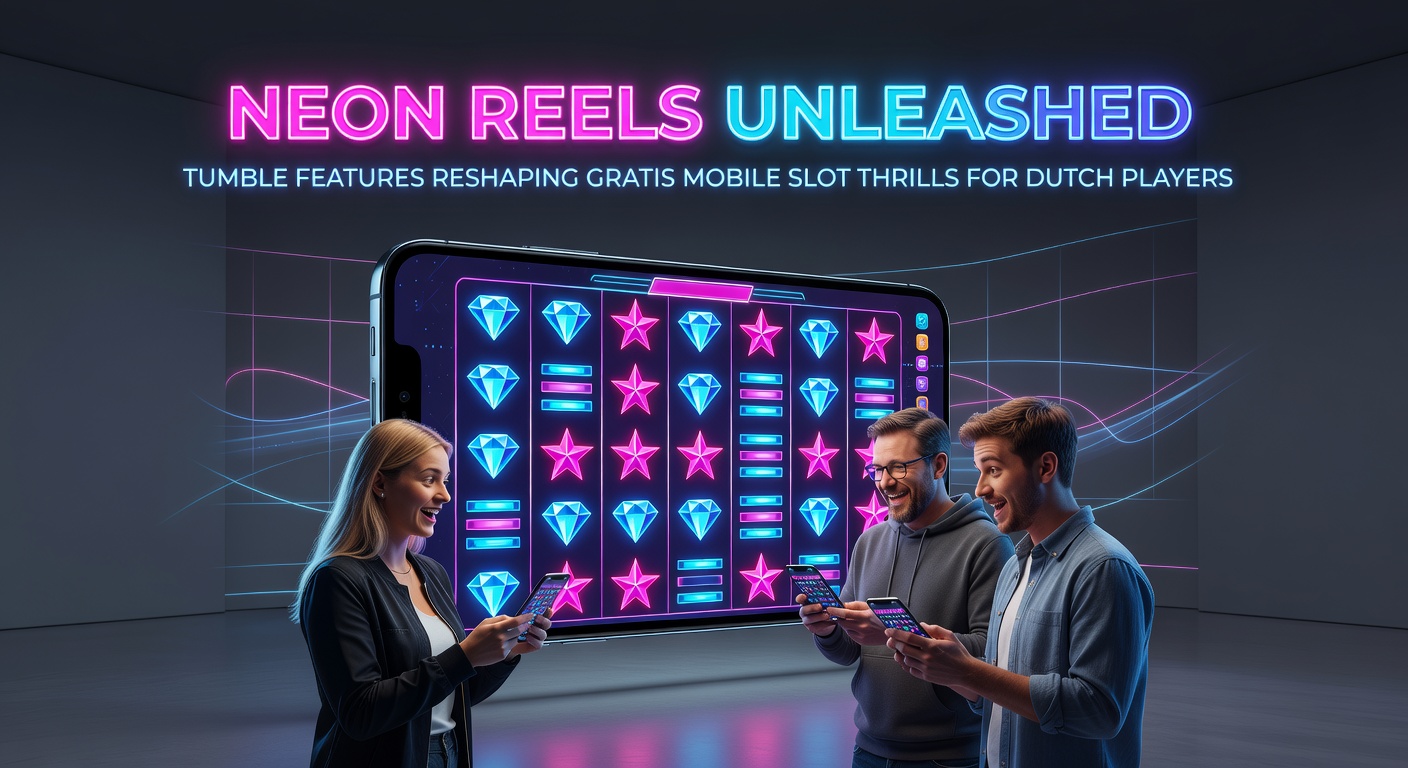 Mobiele interface van Neon Reels met actieve tumble chain, neon symbolen exploderen en nieuwe vallen in
