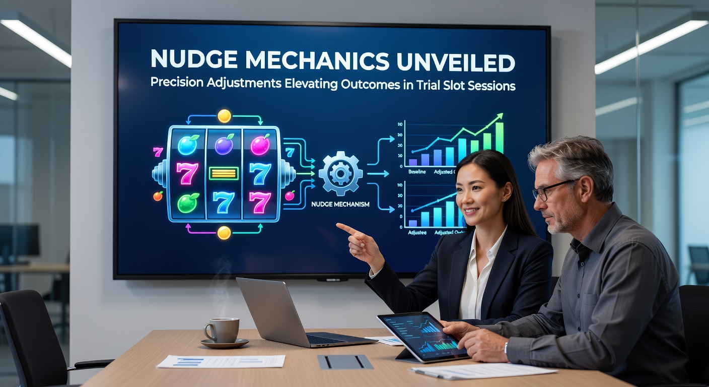 Voorbeeldscherm van een demo slot met actieve nudge-sequence, symbolen die verschuiven naar winnende lijnen