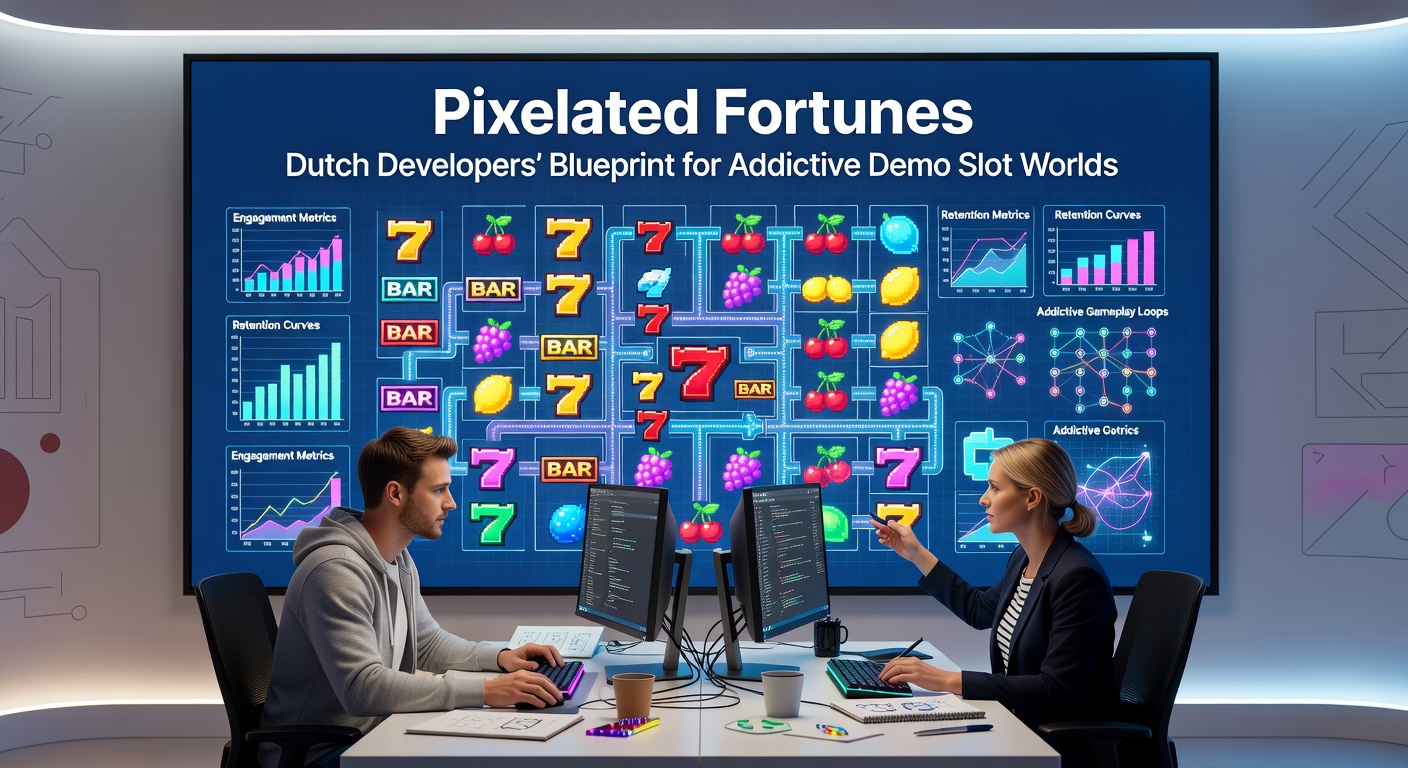 Pixelated demo slot wereld met retro graphics en Nederlandse ontwikkelaarsontwerp, vol kleurrijke symbolen en draaiende rollen
