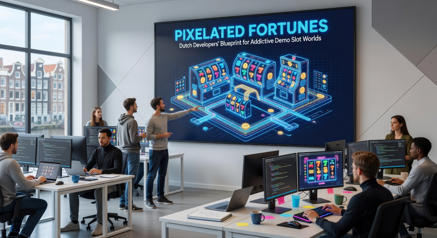 Nederlandse developers aan het werk aan pixelated slot blueprint, met schermen vol retro graphics en code voor demo-werelden