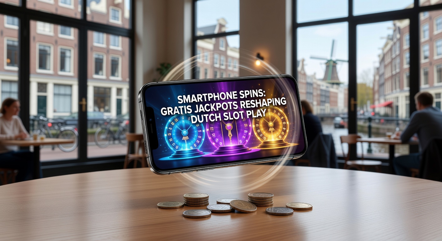 Smartphone met kleurrijke slotmachine-schermen en jackpot-symbolen die draaien, illustrerend de opkomst van mobiel gokken in Nederland