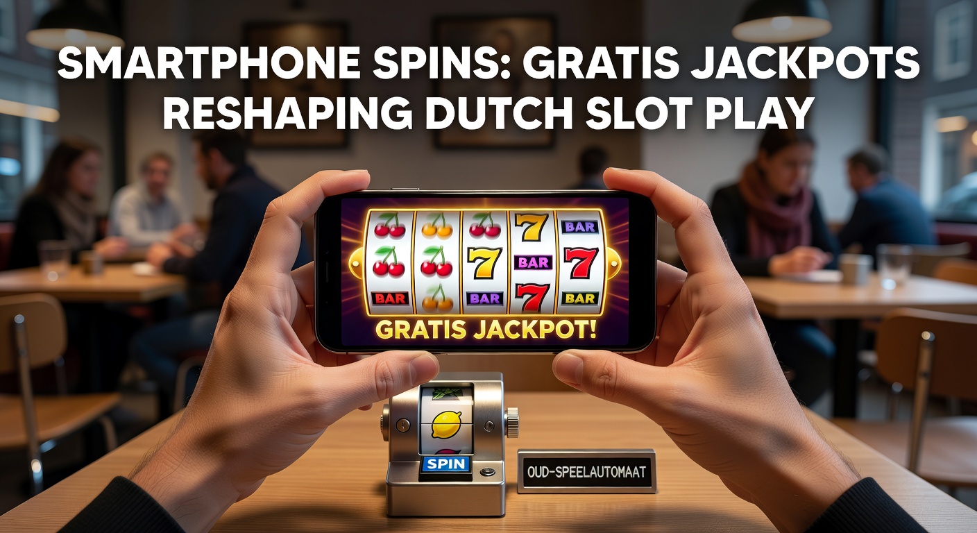 Dichtbij shot van een hand die een smartphone vasthoudt met een draaiende slot met exploderende jackpots en munten, symboliserend de dynamiek van gratis spins