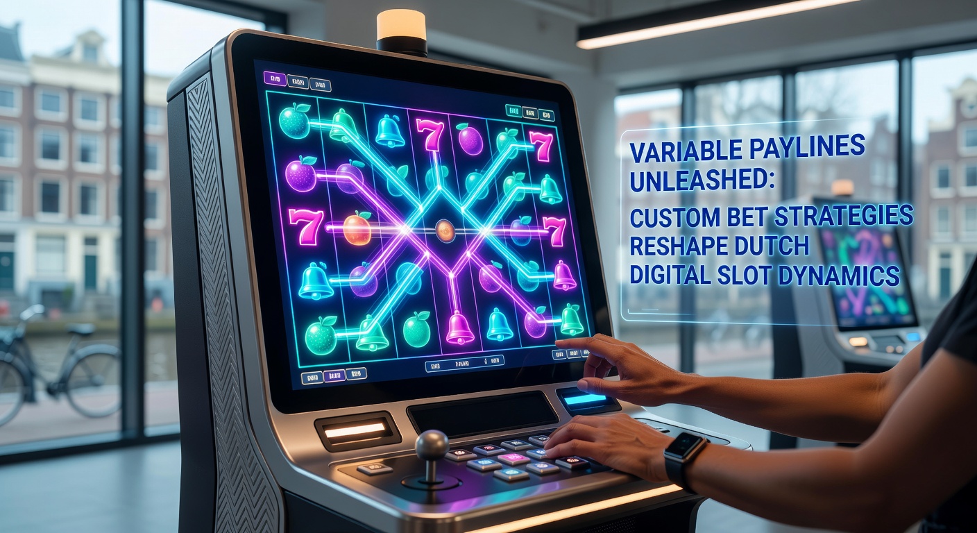 Grafische weergave van variabele paylines in een digitale slot, met actieve lijnen die oplichten en inzetopties zichtbaar